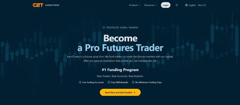 Earn2Trade homepage presenting its futures trading evaluation, funded accounts, easy withdrawals, and flexible trading requirements