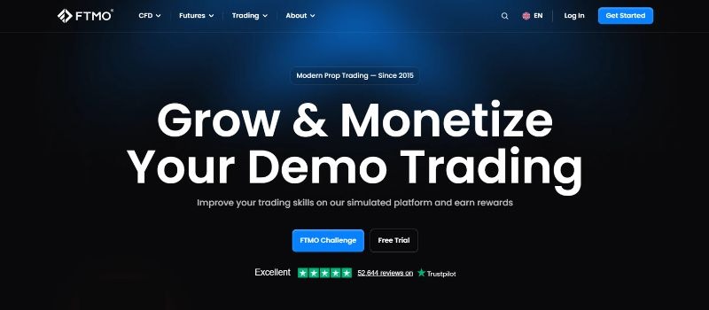 FTMO homepage highlighting its simulated prop trading platform for developing trading skills and earning performance-based rewards