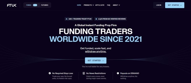 FTUK homepage highlighting its instant funding prop trading program with flexible trading conditions and on-demand payouts