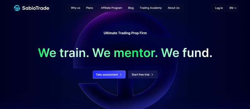 SabioTrade homepage highlighting its prop trading program with trader training, mentorship, and funding.