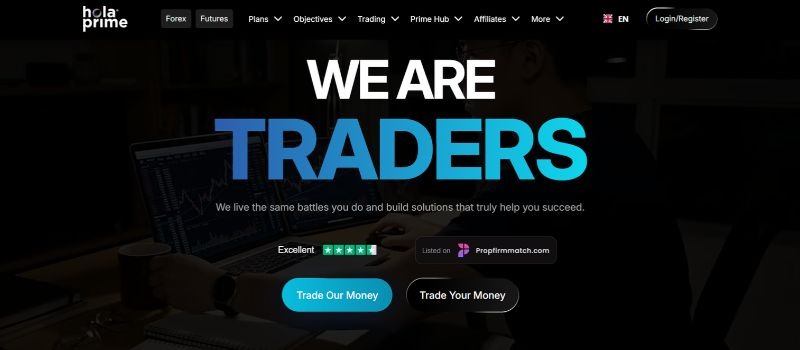 Hola Prime homepage highlighting its forex and futures prop trading programs, with options to trade funded capital or personal funds.