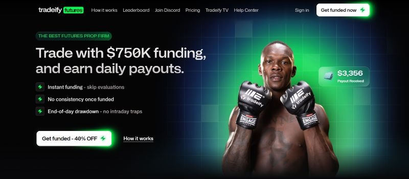 Tradeify homepage highlighting its futures prop trading program with up to $750,000 in funding, instant funding options, and daily payouts.