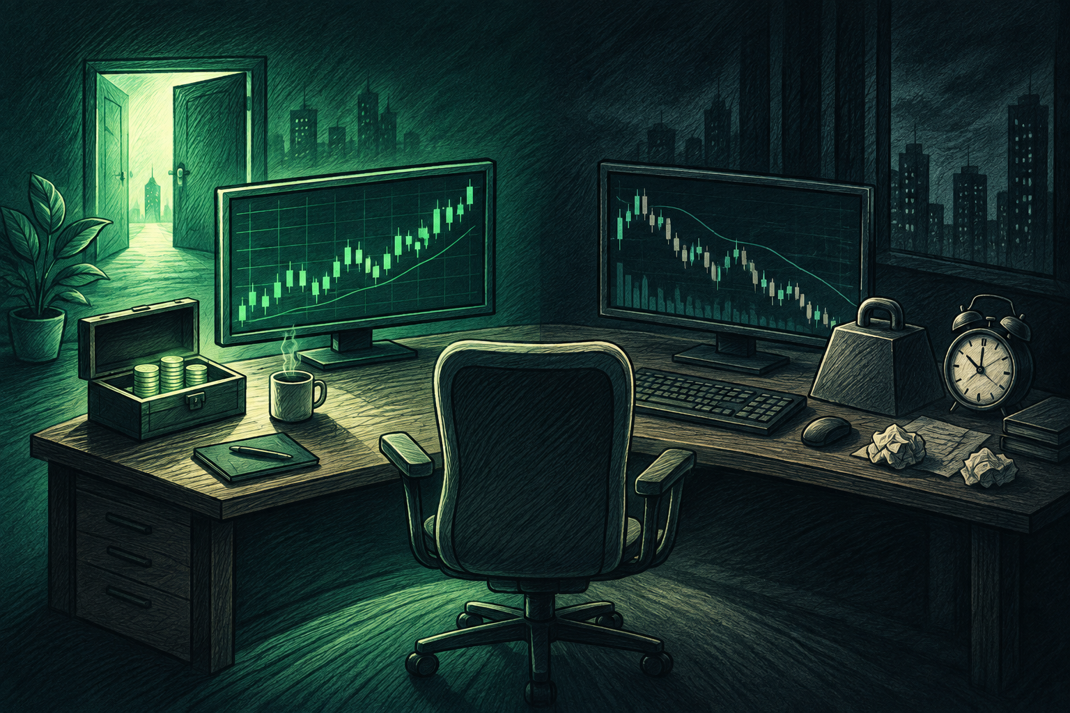 Prop trading workspace contrasting earning opportunities and career growth with market losses, pressure, and long working hours