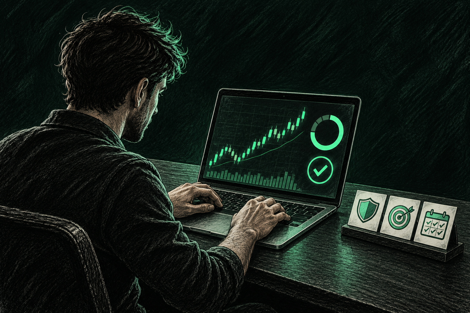 Trader following risk controls, profit targets, and a consistent trading plan to pass a prop firm challenge.