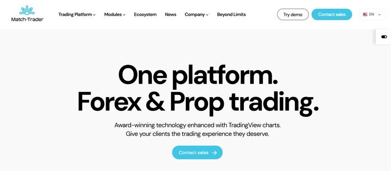 Match-Trader homepage presenting its forex and prop trading platform with integrated TradingView charts.