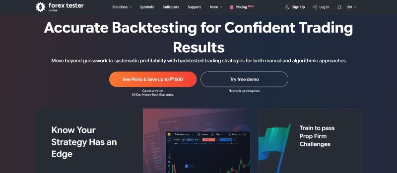 Forex Tester Online homepage highlighting strategy backtesting for manual and algorithmic trading approaches