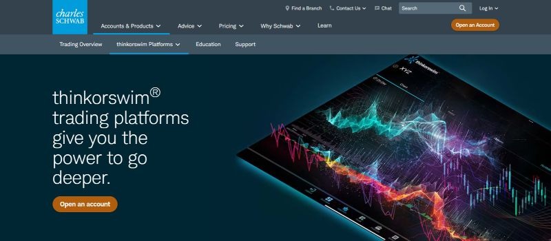  Charles Schwab thinkorswim homepage highlighting advanced market analysis and charting across its trading platforms.