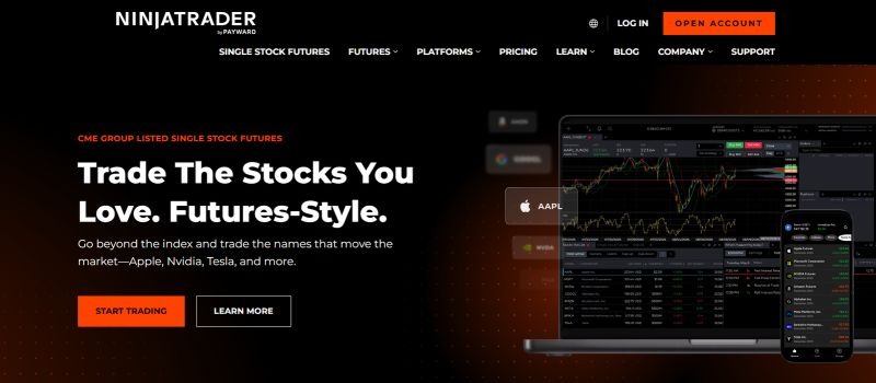 NinjaTrader homepage showcasing single-stock futures trading across desktop and mobile platforms