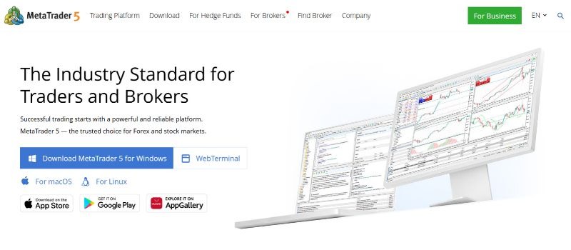 MetaTrader 5 homepage presenting its multi-device trading platform for forex, stocks, and brokers