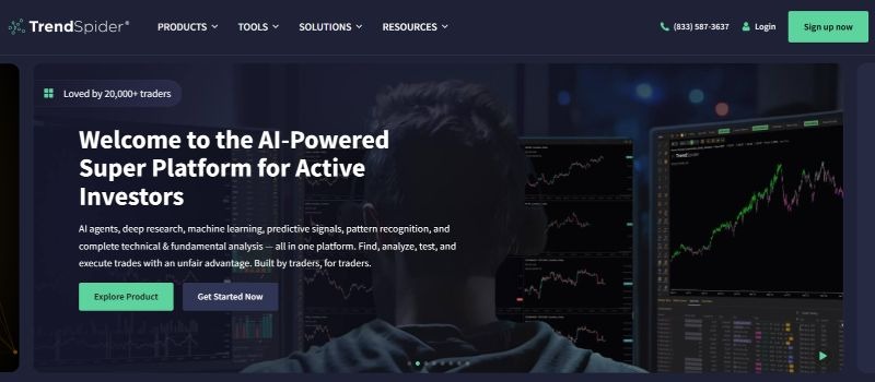 TrendSpider homepage highlighting AI-powered market research, predictive signals, pattern recognition, and automated trading analysis.