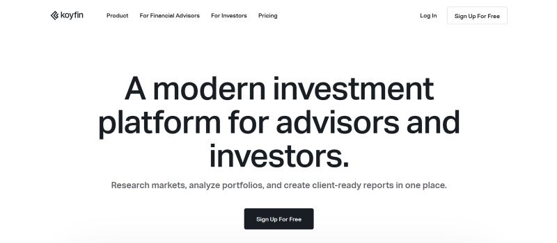 Koyfin homepage highlighting market research, portfolio analysis, and reporting tools for investors and financial advisors