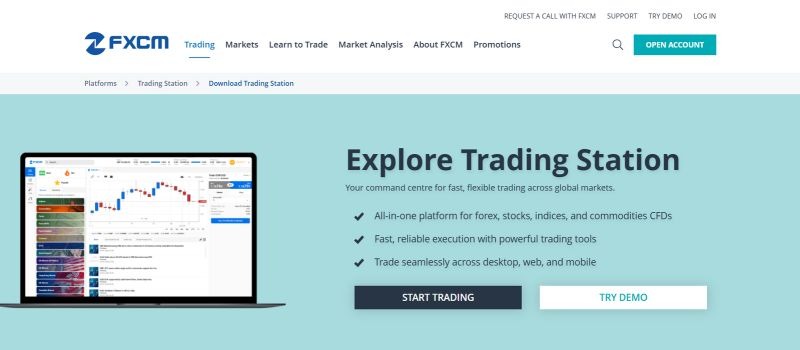 FXCM Trading Station interface supporting forex, stock, index, and commodity CFD trading across desktop, web, and mobile.