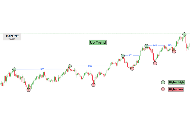 Bull Market vs Bear Market chart showing higher highs and higher lows during a clear uptrend