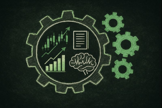 Trading framework concept illustrating chart analysis, breakout signals, and strategy planning