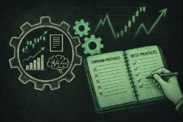 Trading notebook listing common mistakes and best practices
