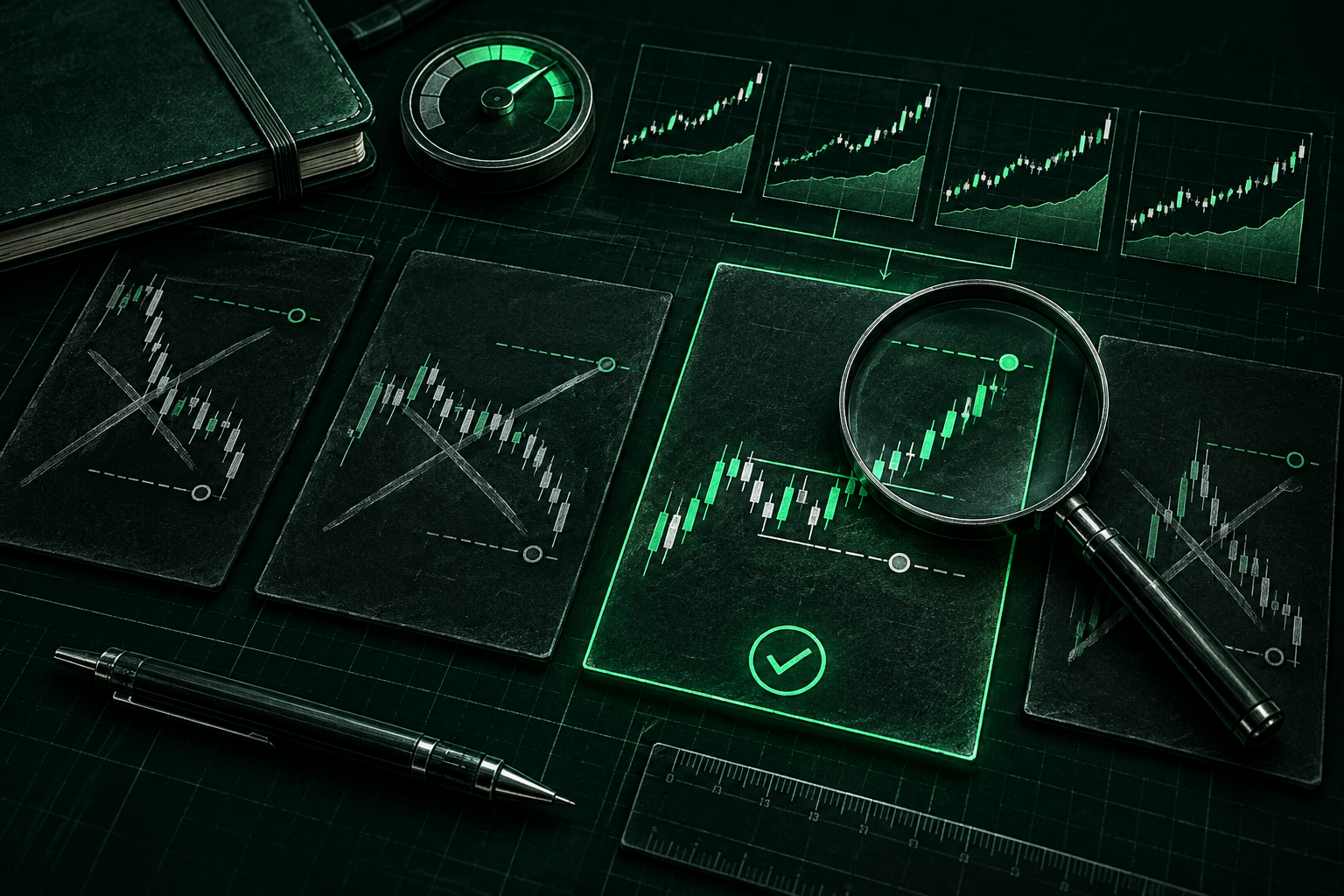 Trading charts comparing unsuccessful setups with a validated strategy, highlighting market analysis and testing to develop a proven trading approach.