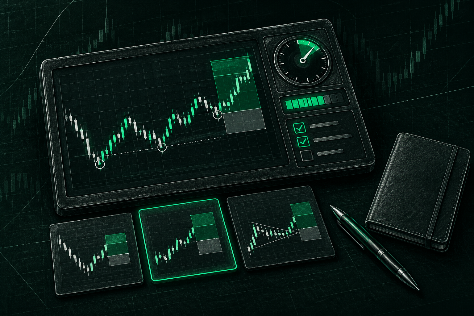 Trading charts displaying different market setups and performance indicators to test trading skills, strategy execution, and risk management.
