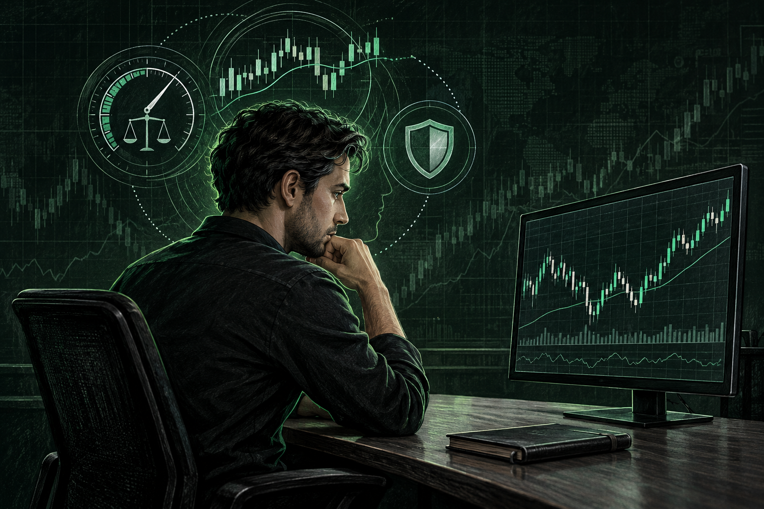 Trader reviewing market charts, demonstrating the discipline, patience, and emotional control needed to develop a strong trading mindset