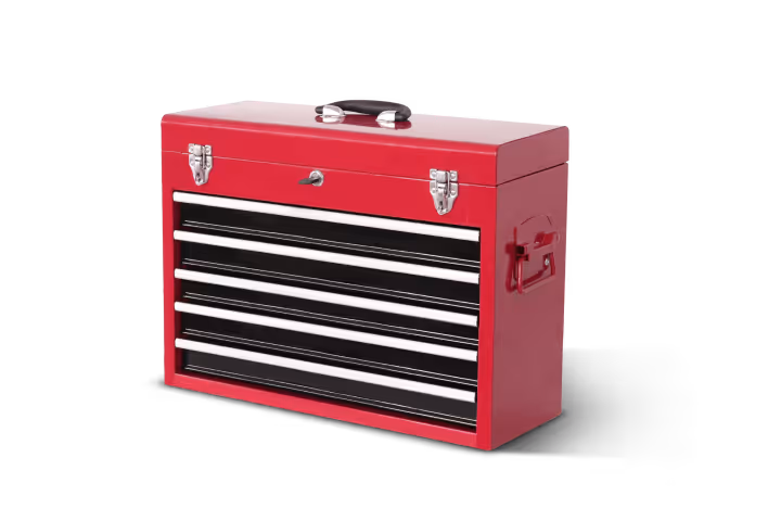 Red metal toolbox with a handle on top and four black pull-out drawers on the front.
