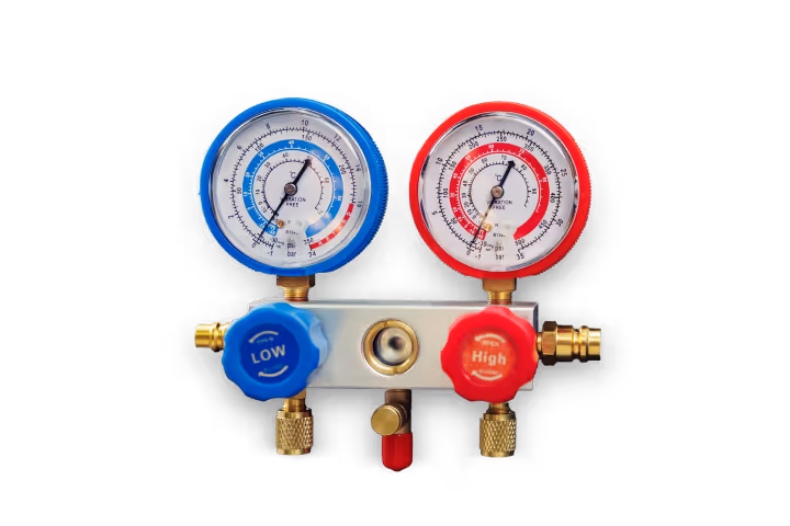 Blue and red pressure gauges for low and high pressure on an HVAC manifold against black background.