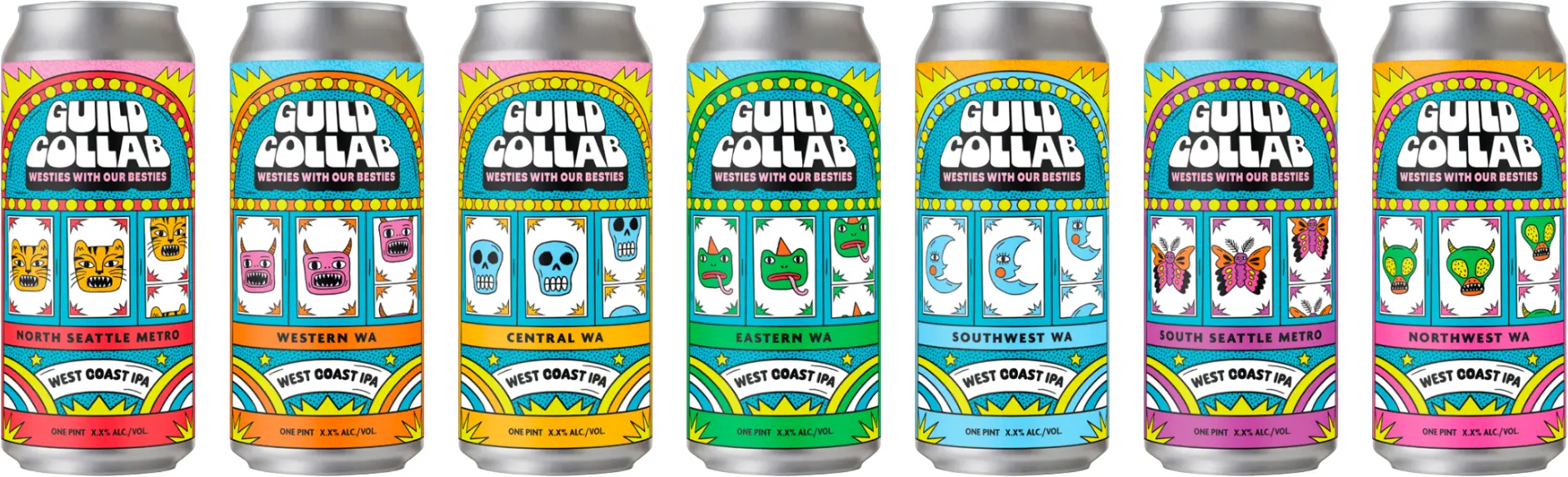 Lineup of Washington Guild Collab 2026 beer cans with labels for Washington regions