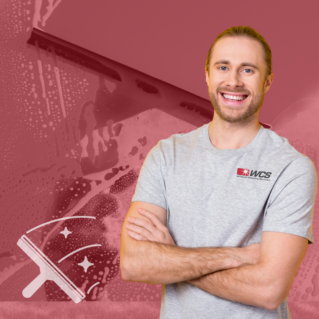 Professional window cleaning technician with squeegee graphic representing expert glass cleaning services in Sonora, CA