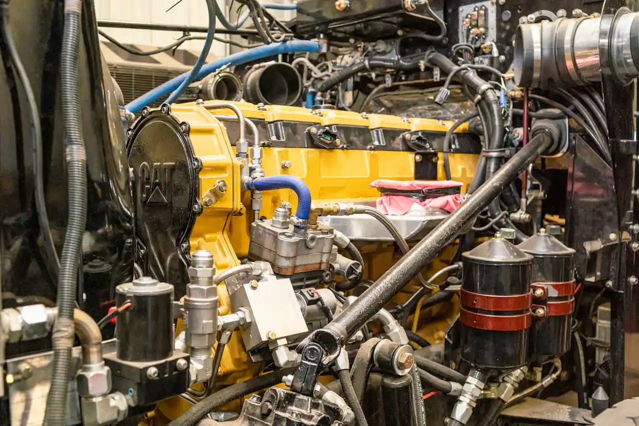 Yellow CAT heavy-duty diesel engine with hoses, filters, and hydraulic components installed for truck repair.