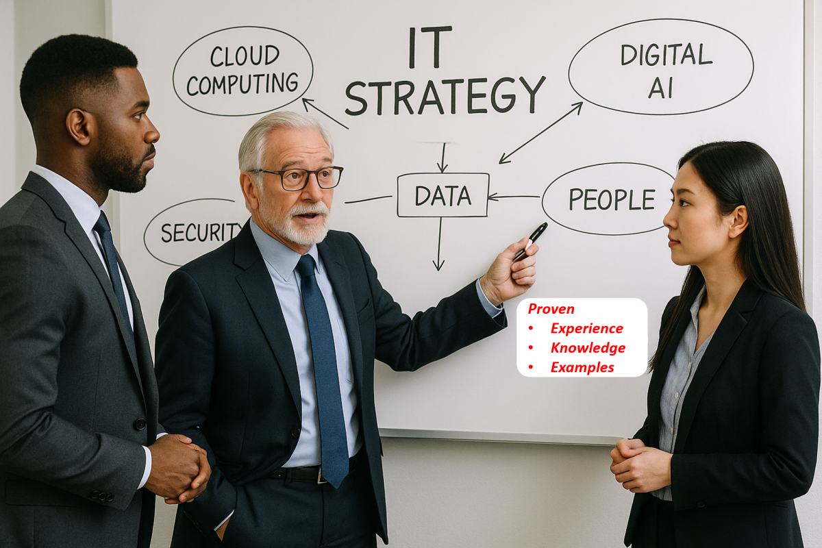 Older gentleman standing at a whiteboard helping a younger man and woman with IT strategy development, considering Data, the Cloud, People, Digital & AI and Security.