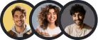 Trois portraits circulaires montrant deux hommes et une femme souriants sur un fond jaune et gris.