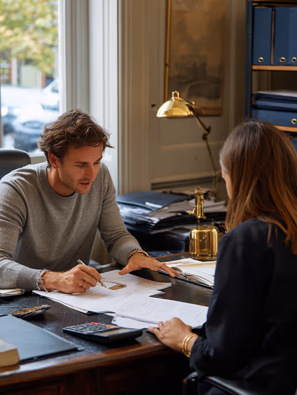 Un homme en pull gris et une femme discutent autour d'un bureau avec des documents et une calculatrice.