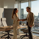Deux collègues en tenue professionnelle se serrant la main dans un bureau moderne avec vue sur la ville.