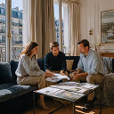 Trois personnes discutent autour d'une table basse avec des documents dans une pièce lumineuse avec une grande fenêtre.