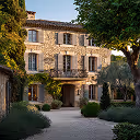 Maison en pierre avec porte d'entrée en bois, entourée d'arbres et de buissons verts.