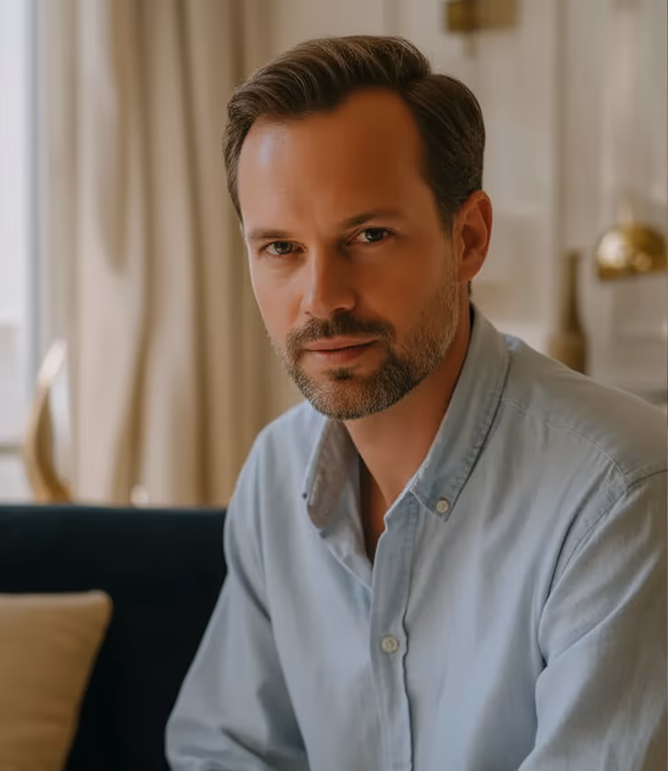 Homme aux cheveux bruns courts et barbe légère portant une chemise bleu clair, assis dans un intérieur décoré avec des rideaux beiges et un canapé sombre.