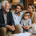 Quatre générations d'une famille souriante assises ensemble, comprenant un grand-père, un père, une mère et un enfant.