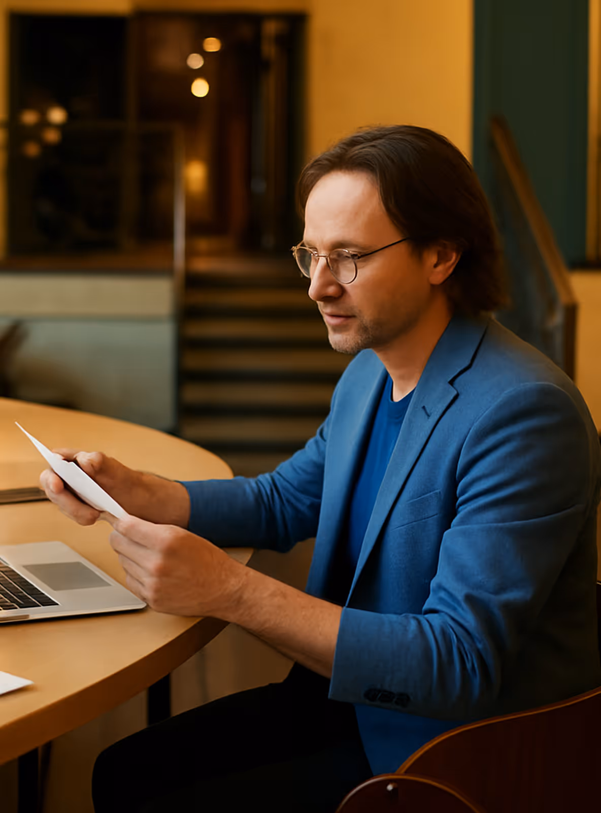Homme portant des lunettes et un blazer bleu lisant un document assis à une table avec un ordinateur portable.