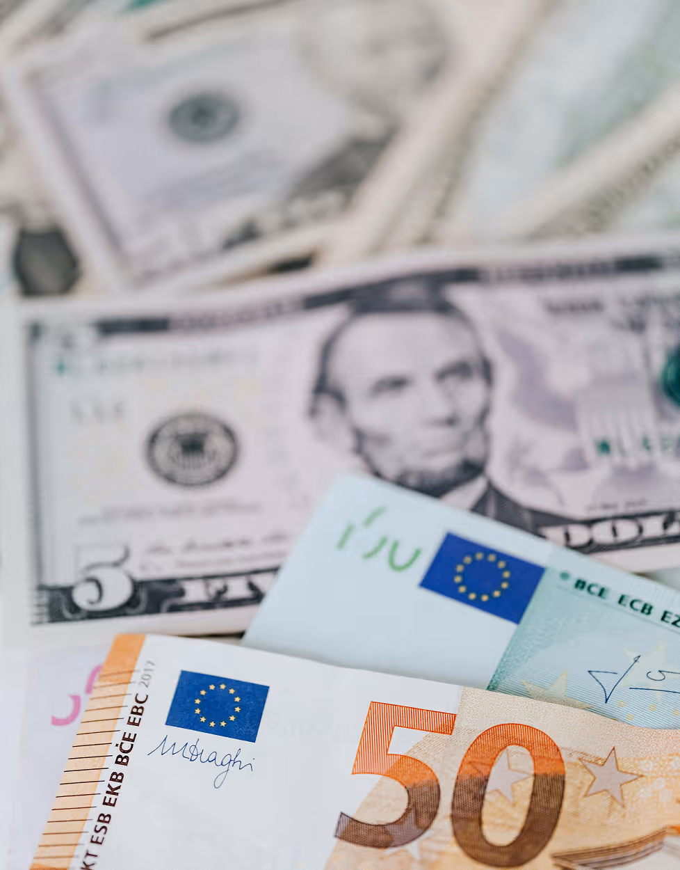Billets de banque en dollars américains et en euros empilés en gros plan.