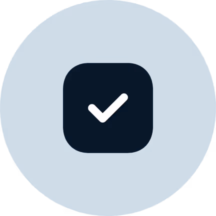 White checkmark icon inside a dark rounded square on a blue circular background.