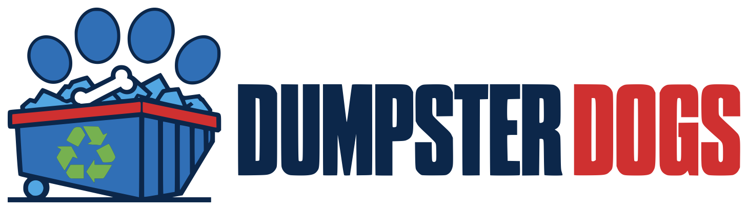 Logo featuring a blue dumpster with a green recycling symbol and red roof next to the text 'Dumpster Dogs' in red.