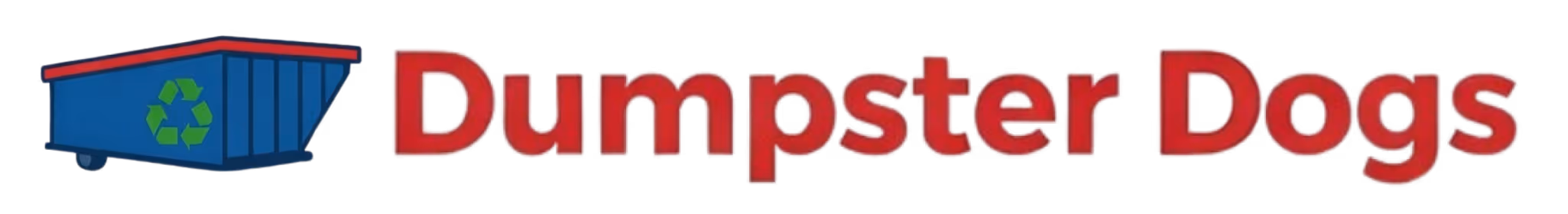 Logo featuring a blue dumpster with a green recycling symbol and red roof next to the text 'Dumpster Dogs' in red.