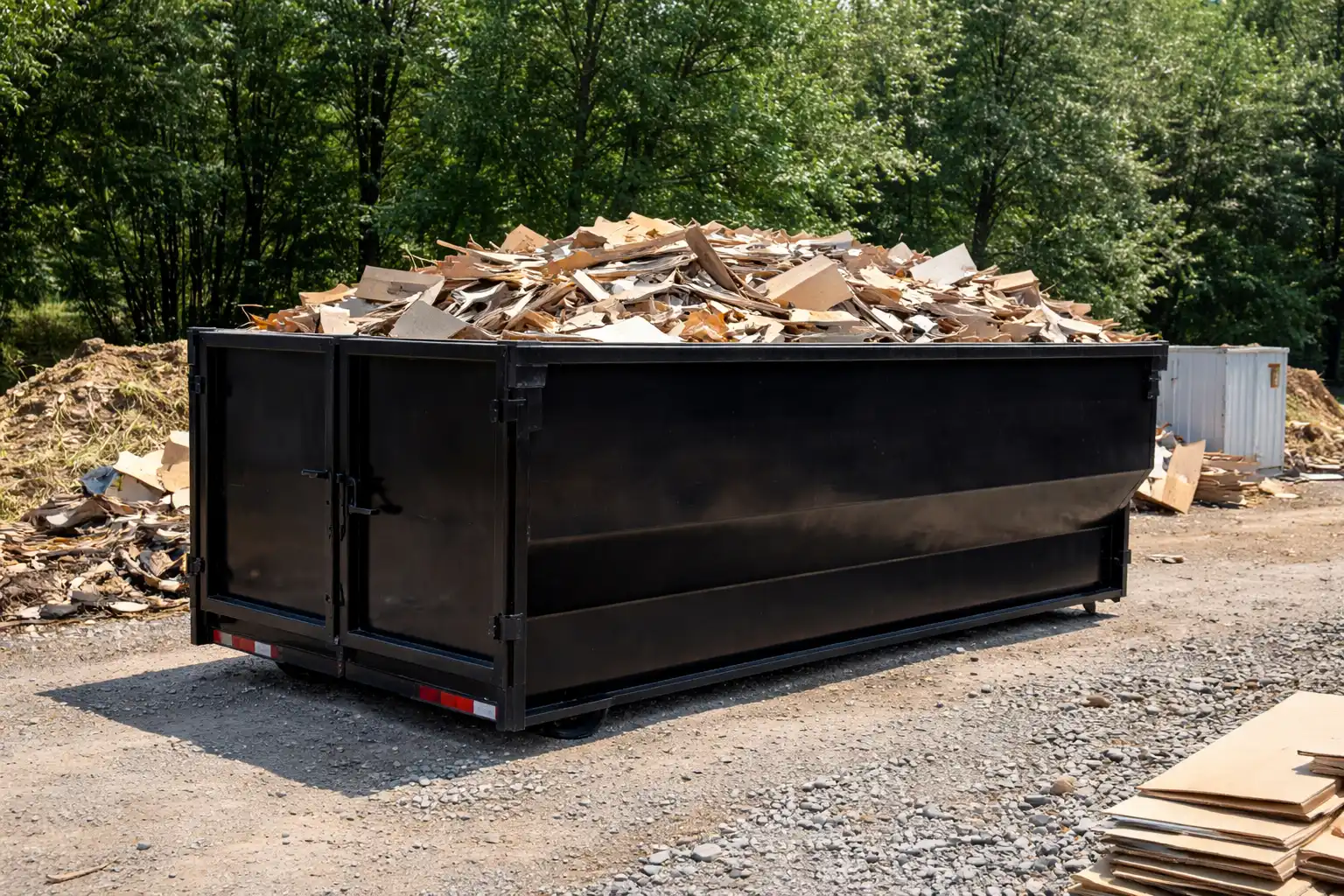 Large black dumpster filled with broken wood and cardboard debris outdoors on a gravel surface with trees in the background.