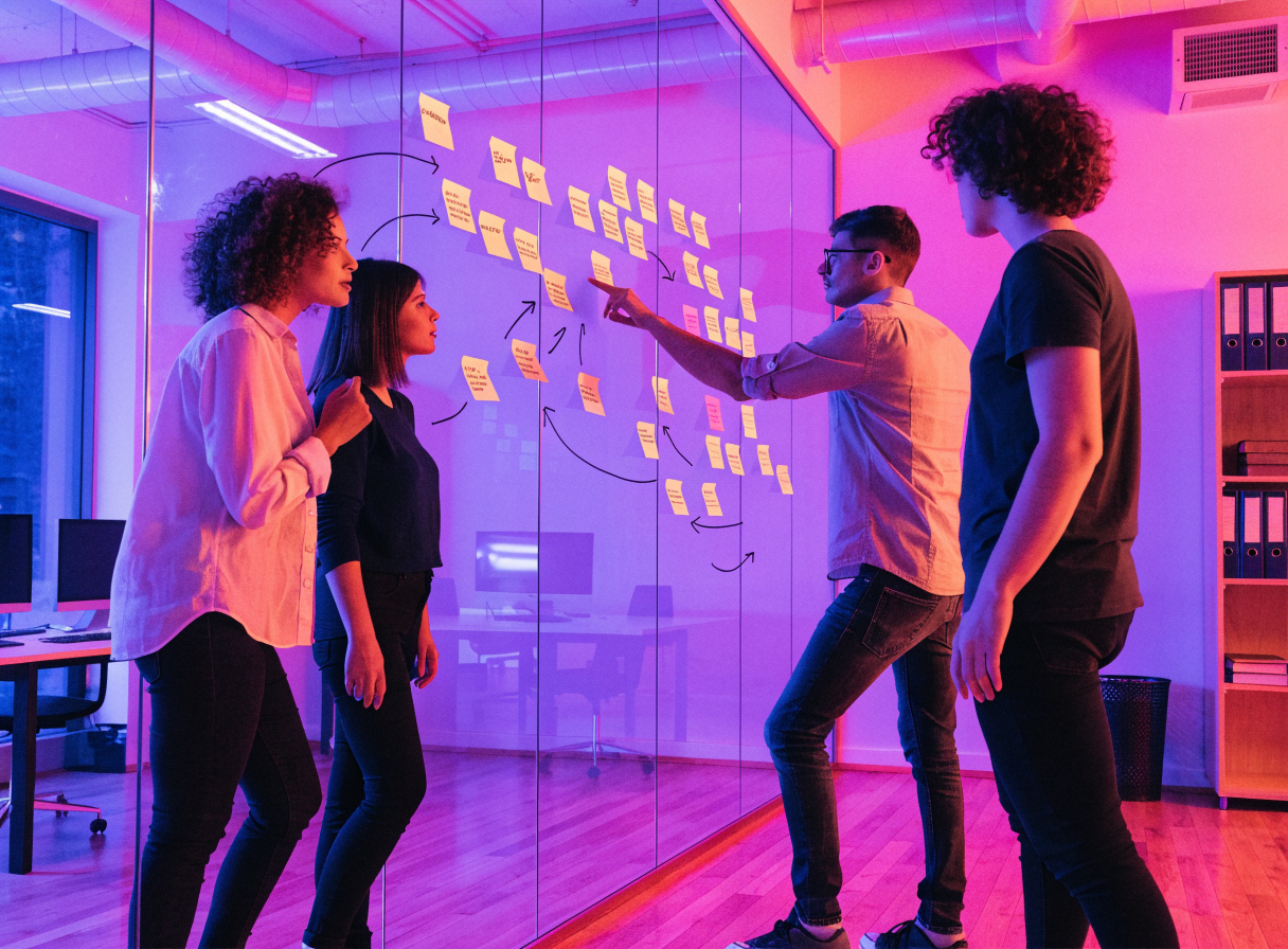 Team mapping a workflow on a glass wall