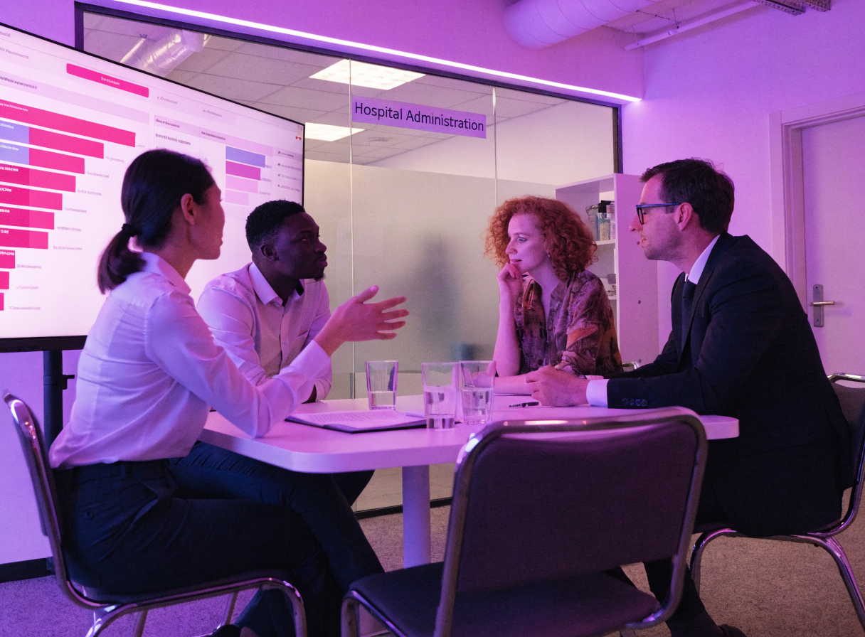 HR team reviewing an AI adoption dashboard in a healthcare office