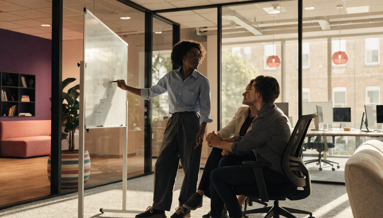 Internal AI champion coaching colleagues at a whiteboard