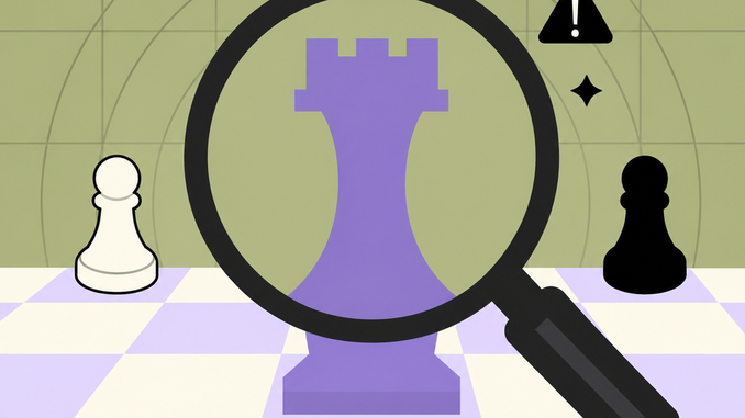 A magnifying glass examining a chess rook between a white pawn and a black pawn — investigating insider risk