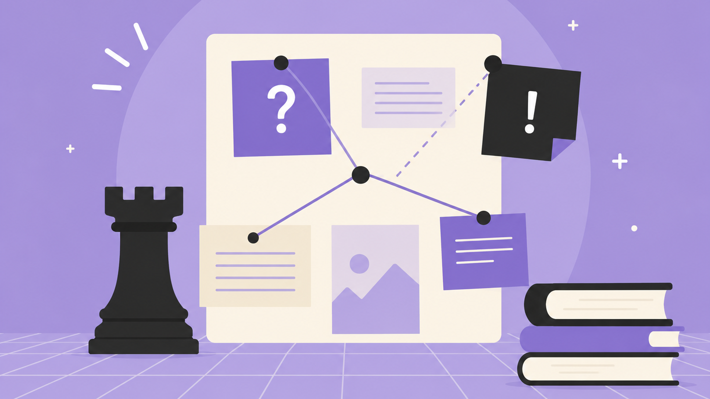 Illustration of a chess rook, an investigation board linking scattered notes into one line, and a stack of books, representing a rubric for insider risk