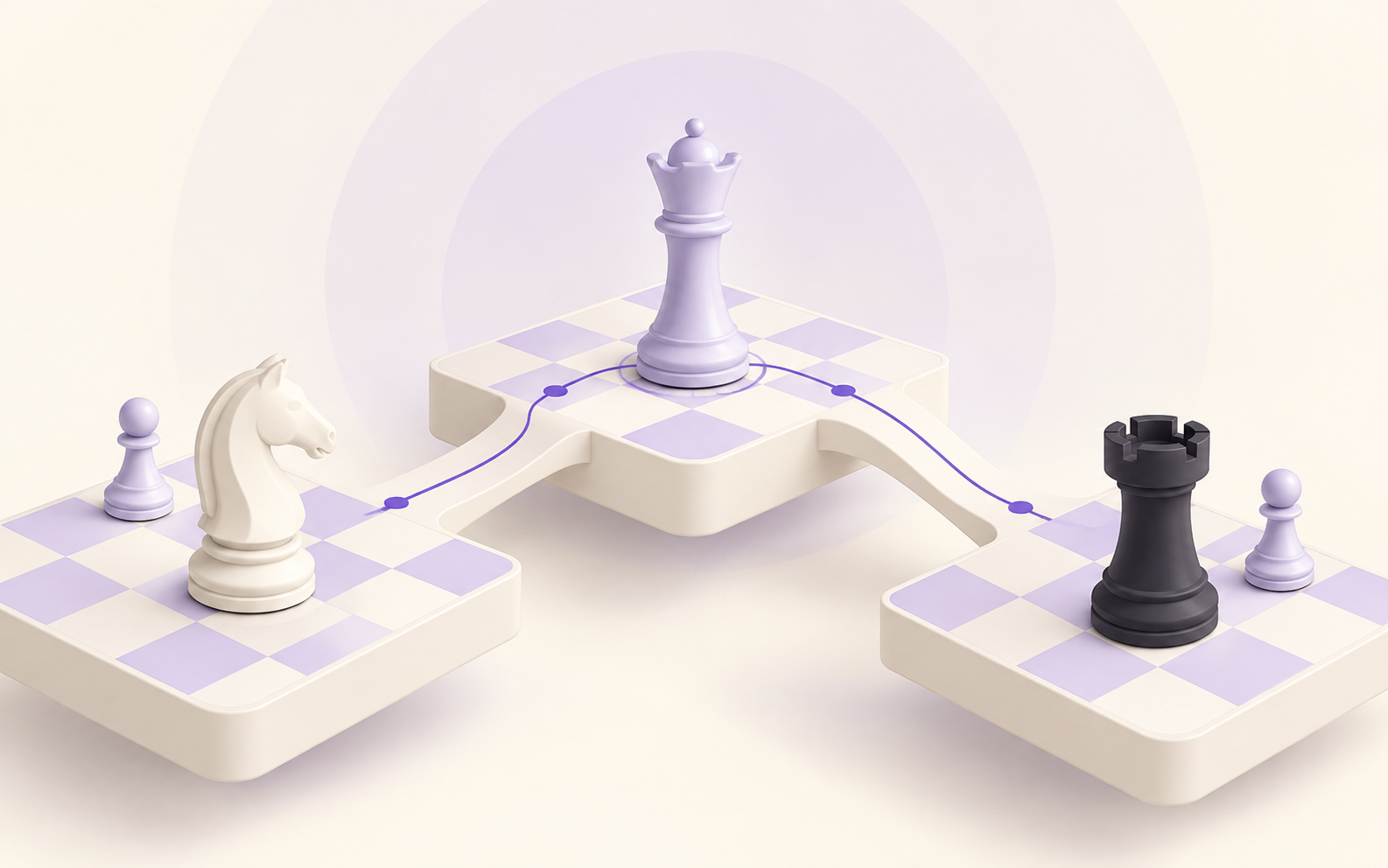 Ivory and lavender chessboards connected by bridges, illustrating AI work across environments.