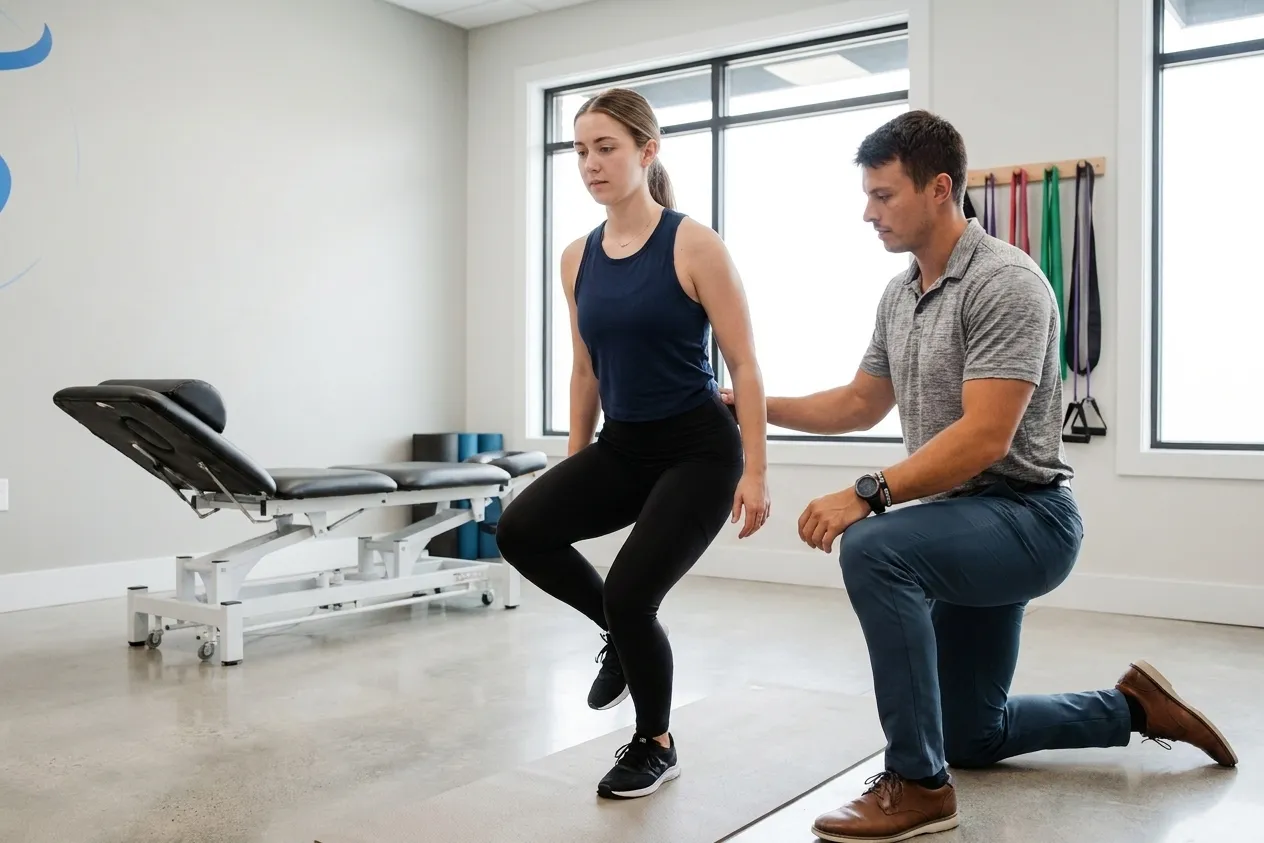 Chiropractor assessing hip mobility during a movement screen at a performance chiropractic clinic in Greenville, SC
