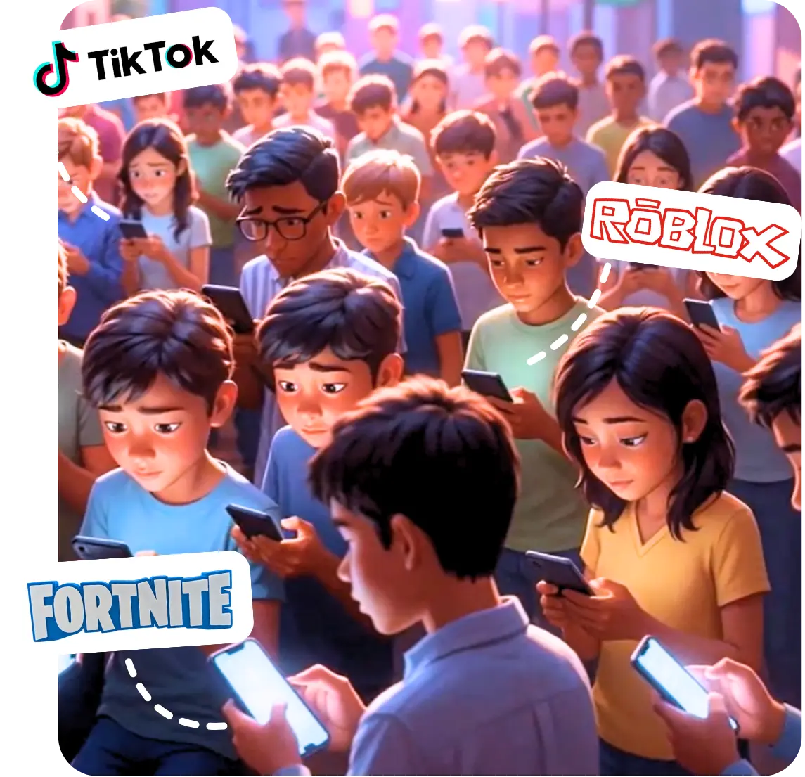 ילדים מביטים בסמארטפונים, עם אזכורים ל־TikTok, Roblox ו־Fortnite.