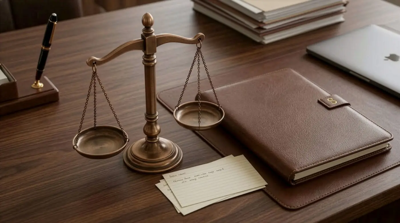 Waage der Justiz auf einem Schreibtisch als Symbol für die Rechtsberatung bei Schoetz & Partner in Göppingen und Dresden